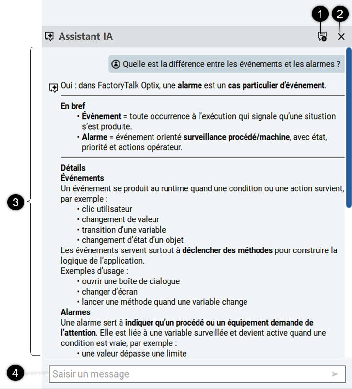 Volet Assistant IA avec une question sur les événements et les alarmes, une zone de réponse, des légendes numérotées pour les contrôles de fenêtre, la zone de contenu principale et le champ de saisie de message. La capture d’écran inclut les contrôles de réduction et de fermeture, une barre de défilement et la zone de saisie en bas.
