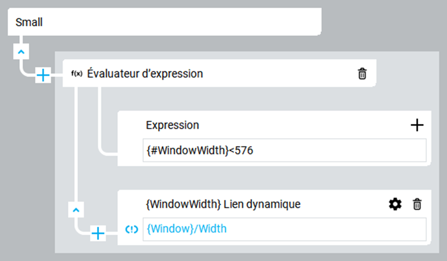 Bloc de l&rsquo;&Eacute;valuateur d&rsquo;Expression avec un flux logique affichant une condition de vue &laquo;&nbsp;Small&nbsp;&raquo;, une entr&eacute;e d&rsquo;expression de {#WindowWidth}<576 et un Lien dynamique vers {Window}/Width.