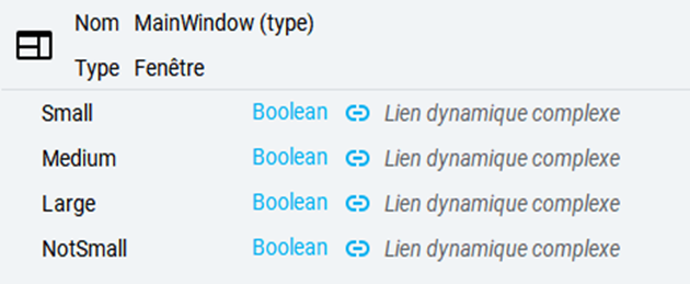 Liste de propri&eacute;t&eacute;s pour le type MainWindow affichant les propri&eacute;t&eacute;s de valeur Boolean Small, Medium, Large et NotSmall, chacune avec un Lien dynamique complexe.