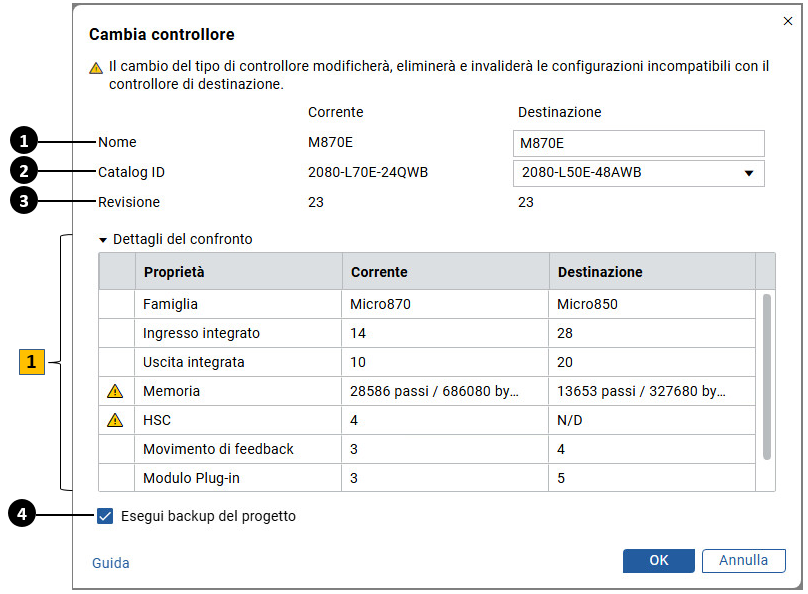 Finestra di dialogo Cambia controllore