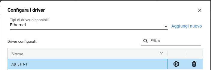 Finestra di dialogo Configura driver - Aggiungi dispositivo Ethernet