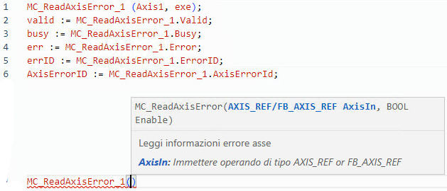 Esempio di Testo strutturato MC_ReadAxisError