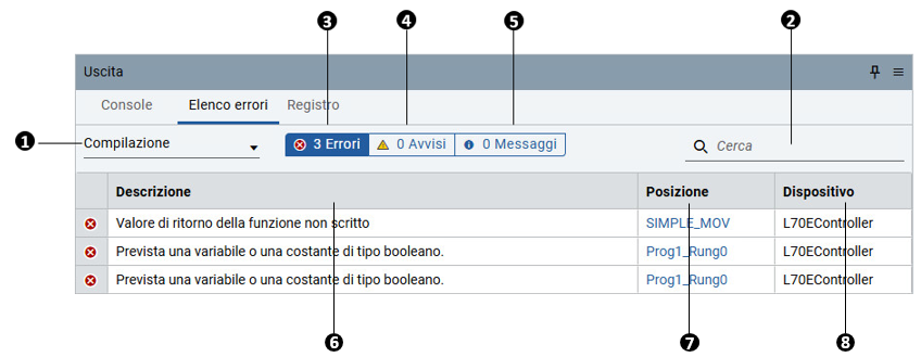 Pagina Elenco errori