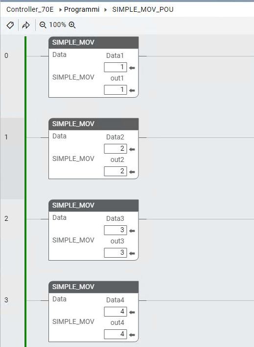 SIMPLE_MOV_POU che richiama 4 istanze UDF