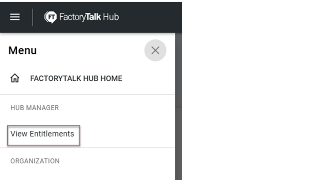 次の図は、FactoryTalk Hub のメニューで資格の表示を見つける場所を示しています。