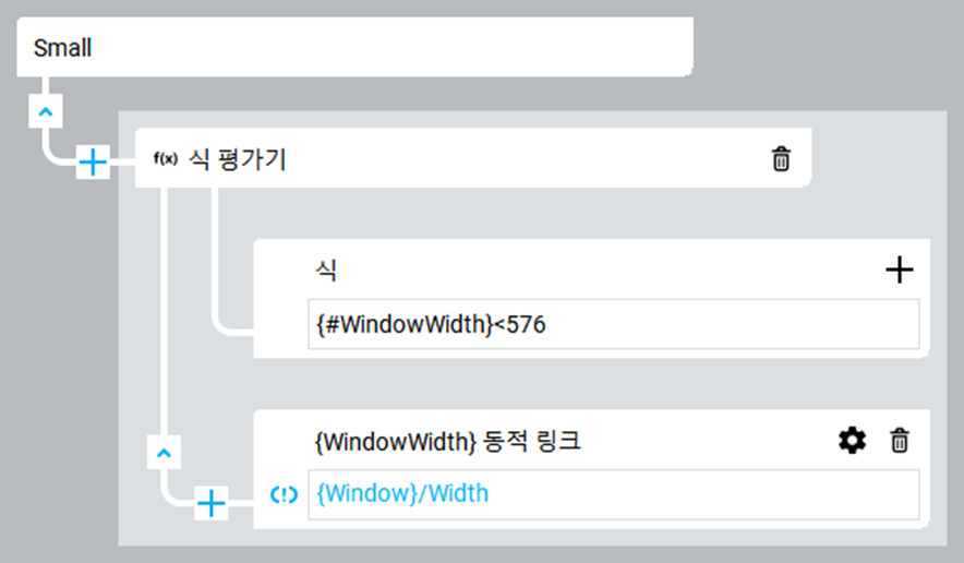 Small 화면 조건, {#WindowWidth}<576의 식 입력 및 {Window}/Width에 대한 동적 링크를 보여주는 논리적 흐름이 있는 식 평가기 블록입니다.