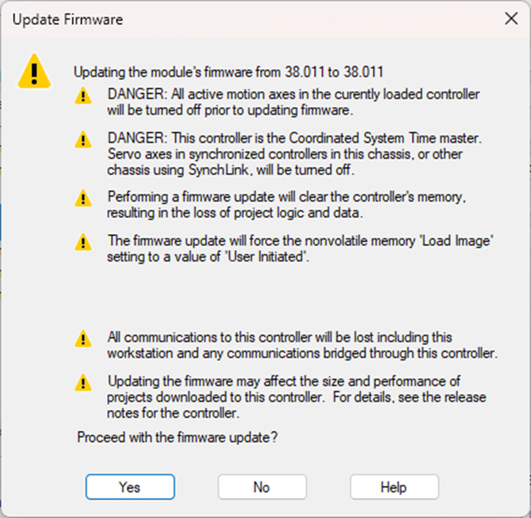 이 이미지는 Update Firmware 확인 대화상자를 보여줍니다.