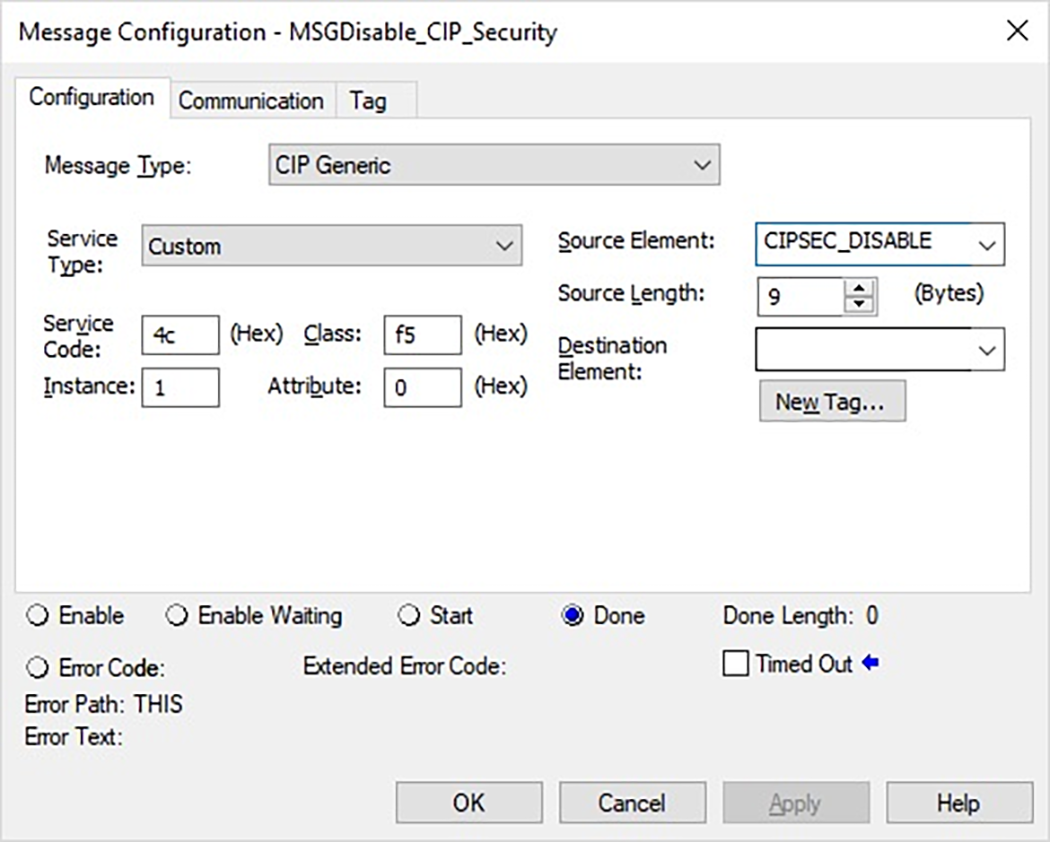 이 이미지는 Logix Designer에서 컨트롤러의 CIP Security 포트를 비활성화하는 MSG 명령어를 설정하는 방법을 보여줍니다.
