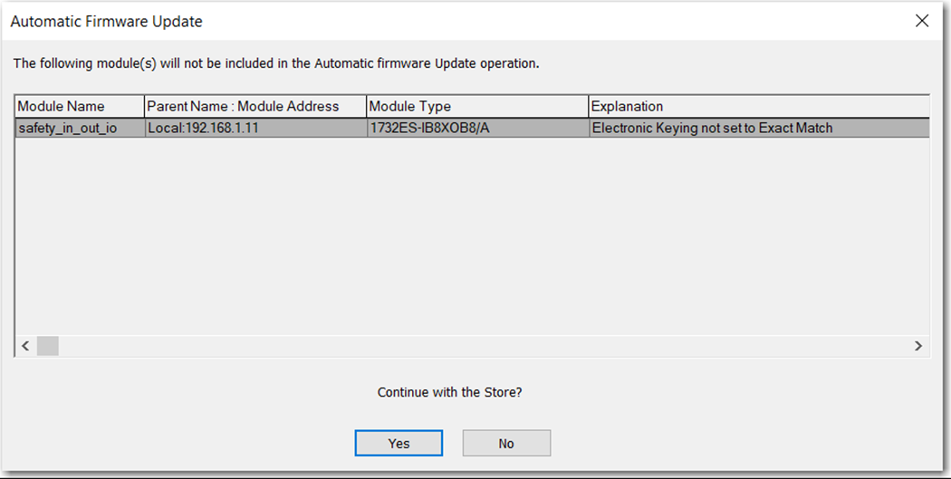 이 이미지는 Logix Designer의 Automatic Firmware Update 대화상자를 보여줍니다.