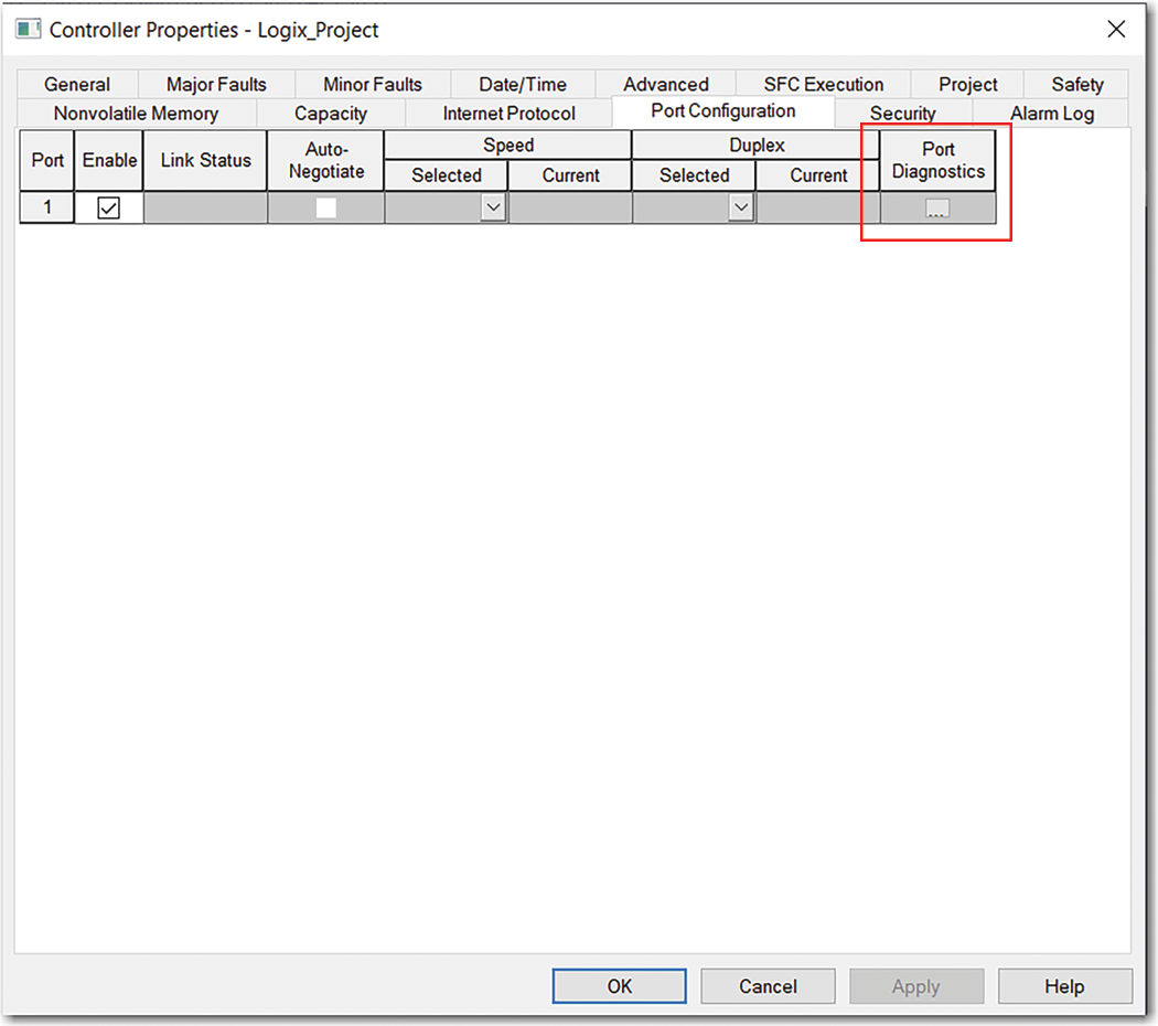 이 이미지는 Port Configuration 탭에서 Port Diagnostics를 활성화하는 방법을 보여줍니다.