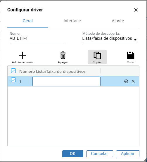 Caixa de diálogo Configurar driver