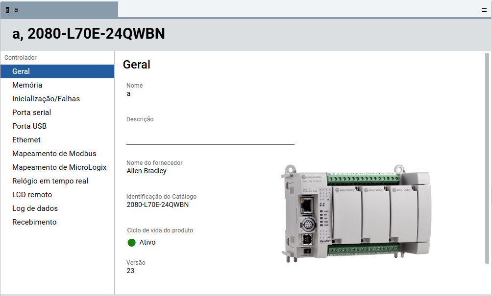 Área de trabalho do aplicativo do controlador