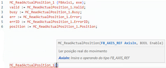 Exemplo de texto estruturado MC_ReadActualPosition