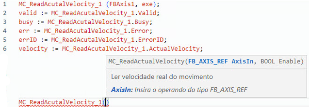 Exemplo de texto estruturado MC_ReadActualVelocity