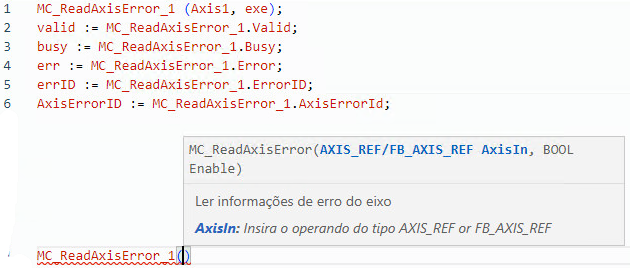 Exemplo de texto estruturado MC_ReadAxisError