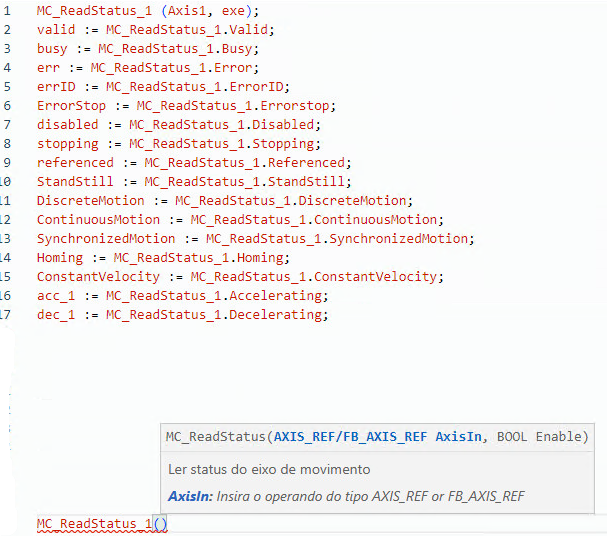 Exemplo de texto estruturado MC_ReadStatus