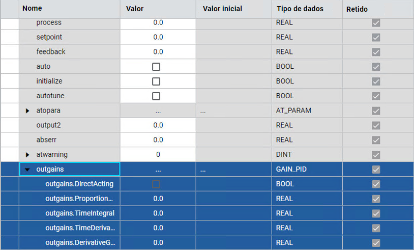 Defina os parâmetros de Gains.