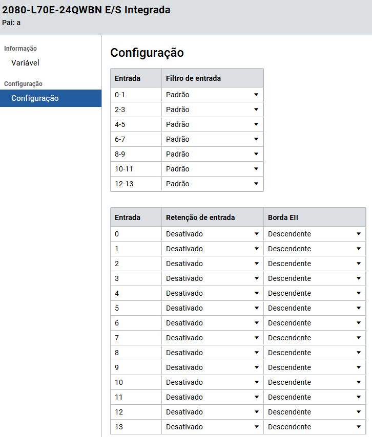 E/S integrada - Página de configuração