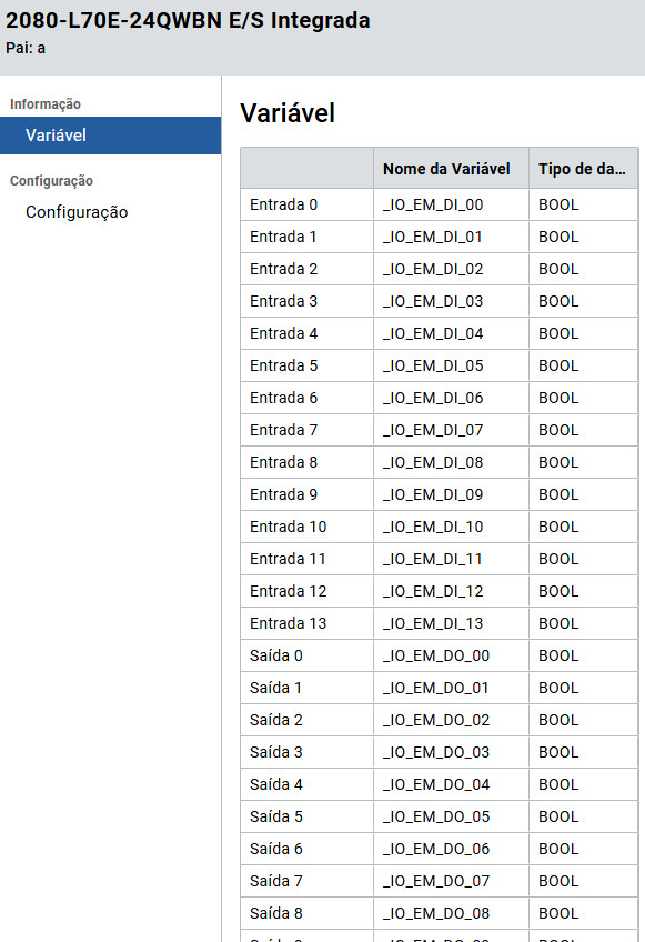 E/S integrada - Página de variáveis