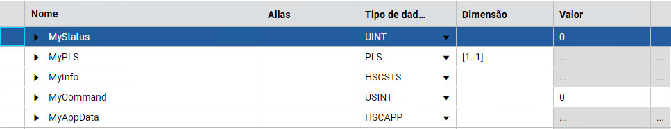 Grade de variáveis locais de exemplo de HSC