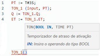 Exemplo de texto estruturado do bloco de função TON com código e detalhes da dica de ferramenta.
