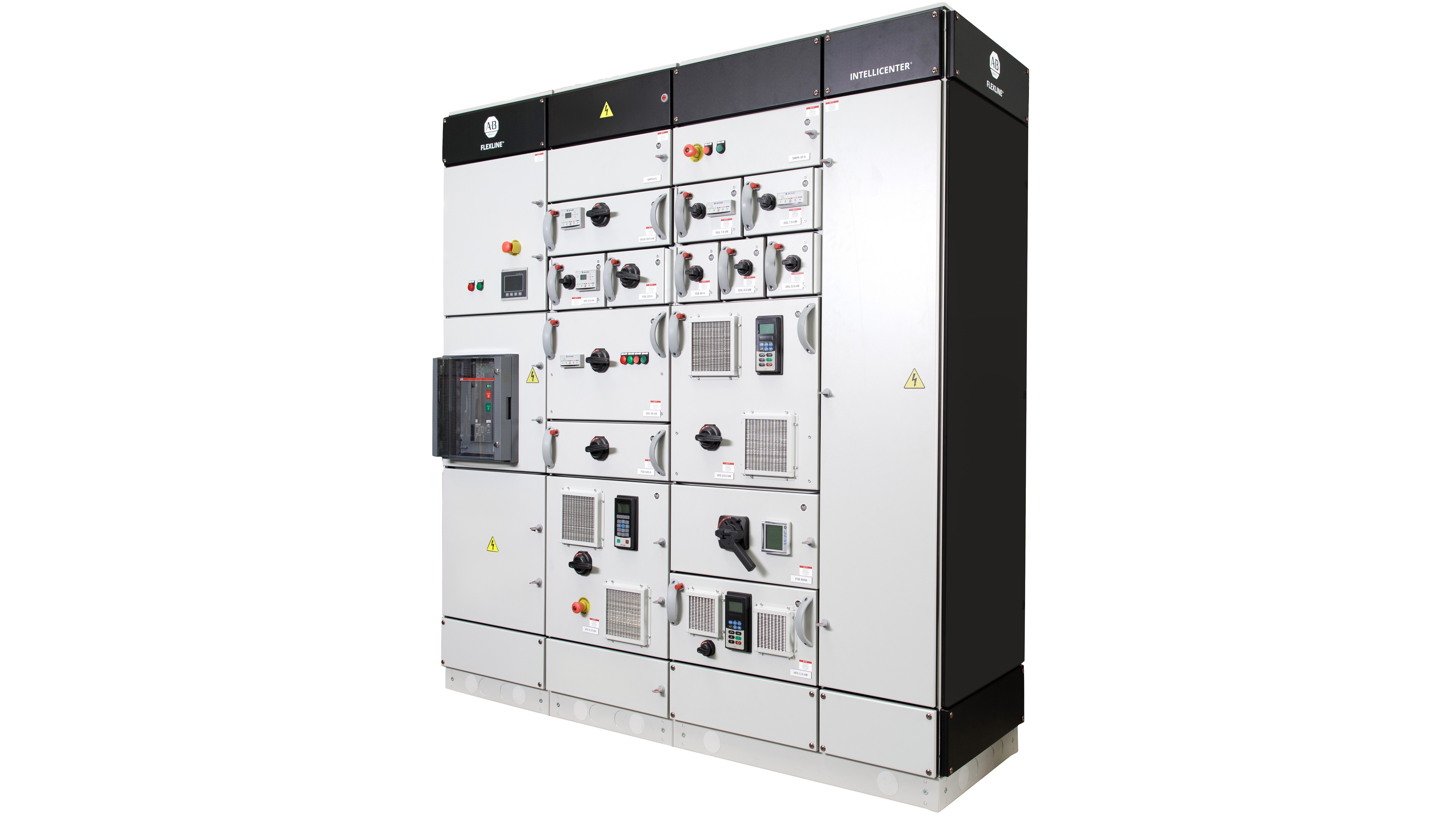 Large grey metal industrial electrical component cabinet with 20 doors, housing FLEXLINE motor control center components