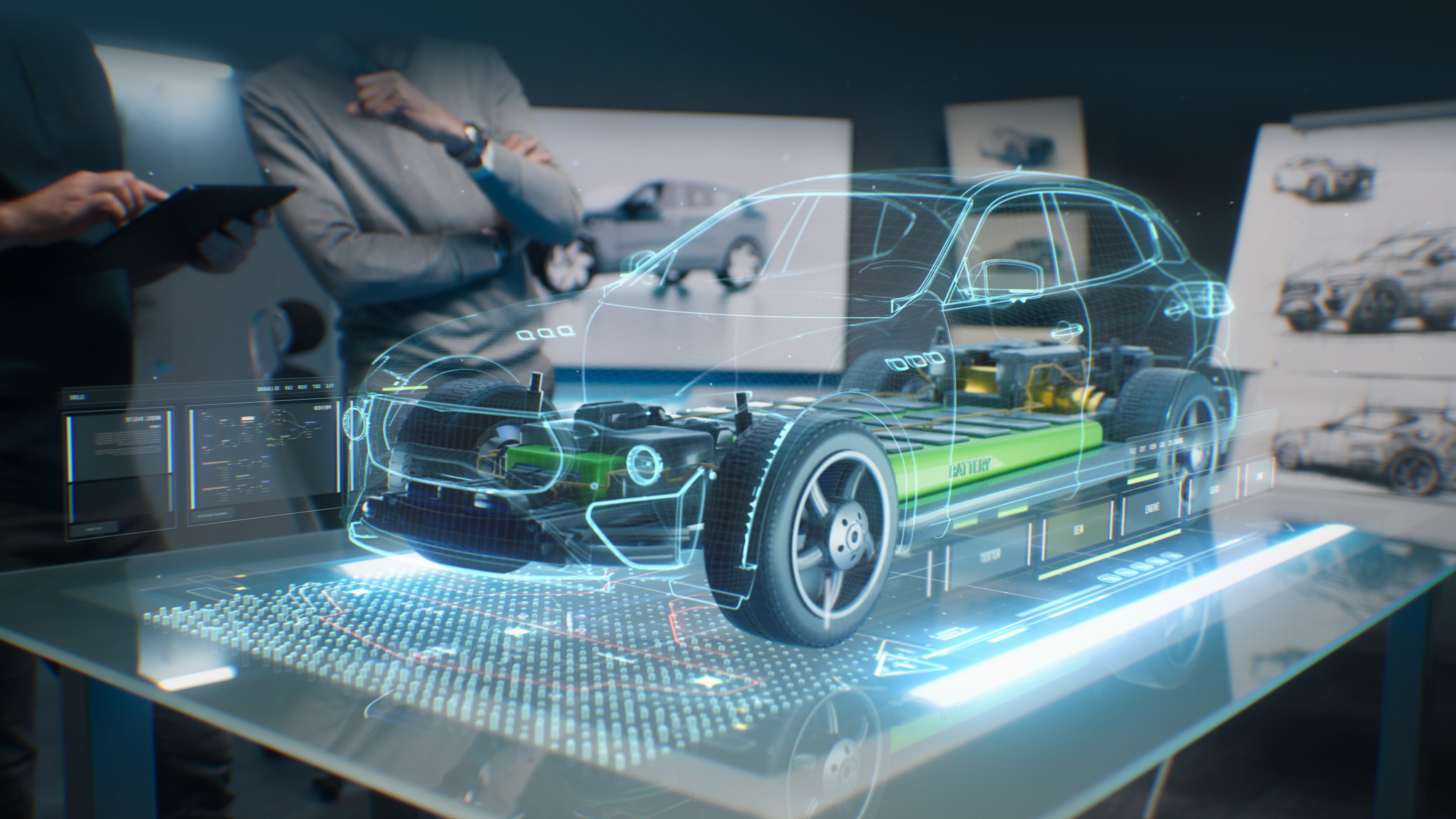 Car design engineers using holographic app in digital tablet. Develop modern innovative high-tech cutting edge eco-friendly electric car with sustainable standards. They test the aerodynamic qualities