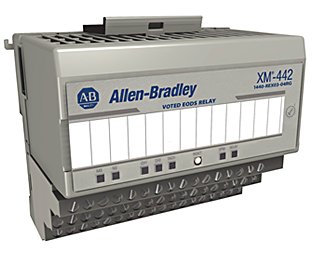 Ein leicht nach rechts gerichtetes graues Messungsmodul mit dem blauen Allen-Bradley-Logo in der oberen linken Ecke und einer leichten Ansicht der Oberseite des Moduls