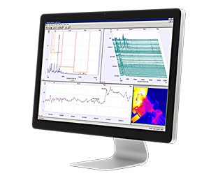 컴퓨터 데스크톱 화면에는 4개의 Emonitor 데이터 뷰로 구성된 여러 색의 대시보드가 있습니다.