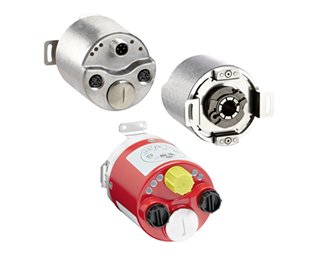 Three  843ES CIP Safety Encoders from top to bottom. Rear view with four connectors; one 12 mm micro male connector (12:00), one with steel conduit cover (6:00), and two 12 mm micro female connectors (3:00 and 9:00). Front view with hollow shaft in the center and mounting brackets at 3:00 and 9:00. Rear view encased in safety red with four connectors; one with yellow plastic cap (12:00), one with steel conduit cover (6:00), and two with plastic black caps (3:00 and 9:00). 