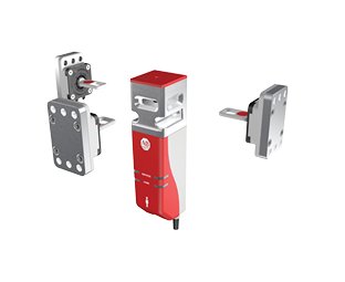 440G-MZ Guard Locking Switch with safety red and grey plastic housing below an aluminum cube with 3 insets for the 3 pulled out Actuators (in front and from each side). Allen-Bradley branding and LED indicators are located on front of the red housing